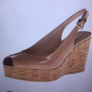 Stuart Weitzman Nude Open Tor Patten Leather Wedges